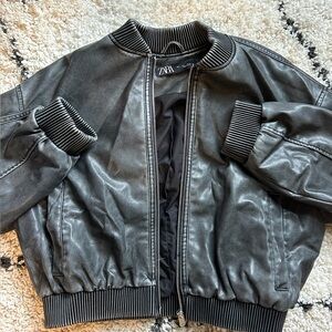 Zara Black Faux Leather Bomber with Ribbed Trim